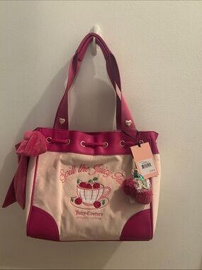 Juicy Couture Pink & Cream Tote with Cherry Tea Embroidery